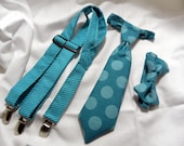 ON SALE- Aquamarine Blue Lil Boy Suspenders Set includes  Suspenders, Necktie, and Bow Tie - Sizes newborn to 10 years.