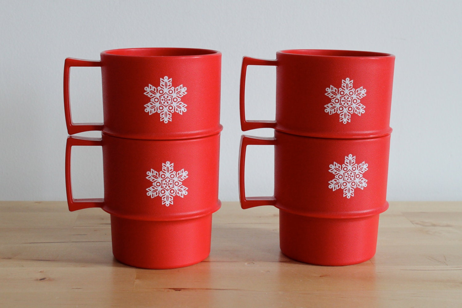 Red Snowflake Tupperware Mugs -  Stackable Holiday Christmas Mugs with Handles