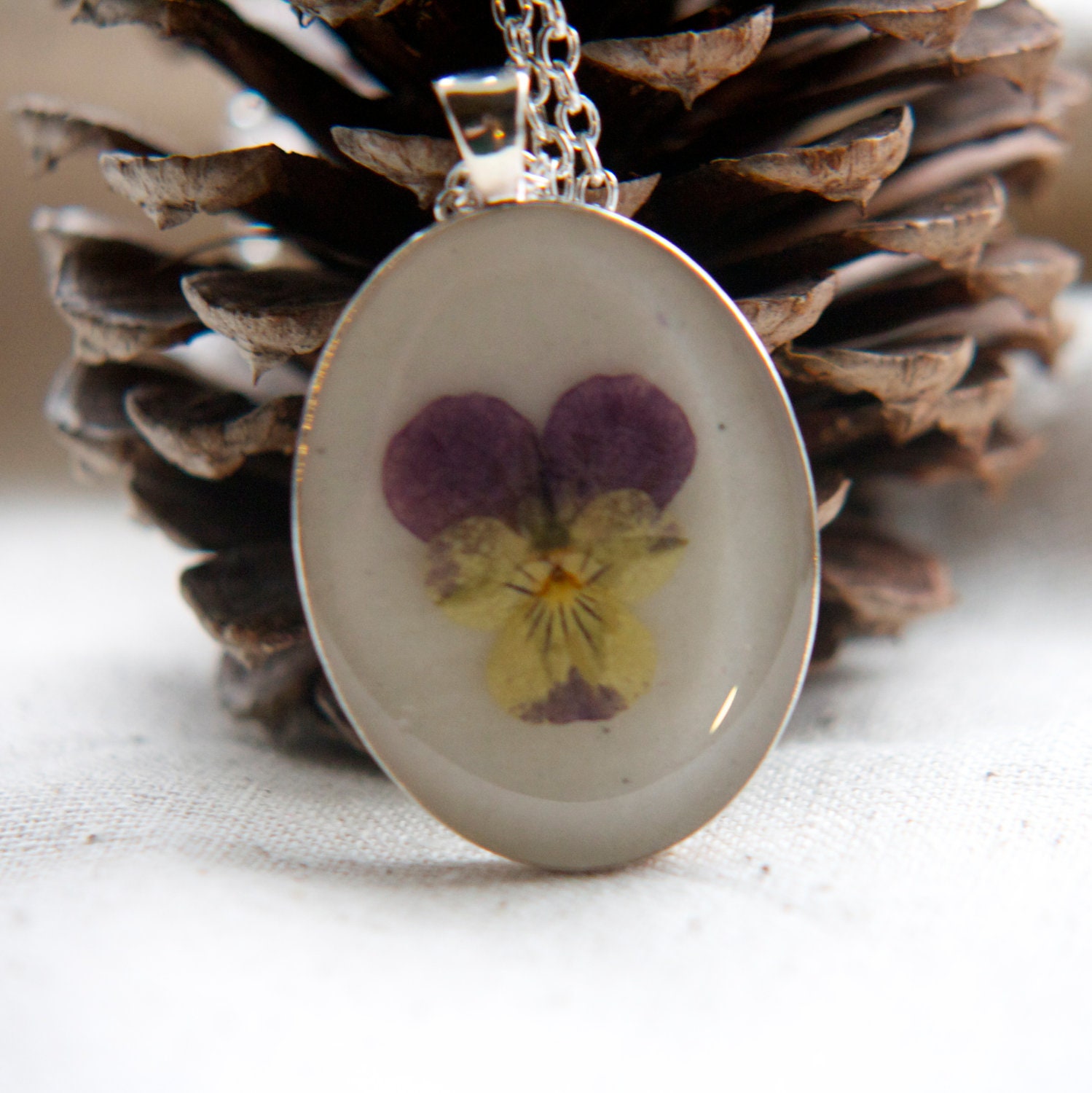 pressed flower necklace yellow purple pansy real pressed botanical Pendant Jewelry with Handmade Paper - resin jewelry spring summer garden
