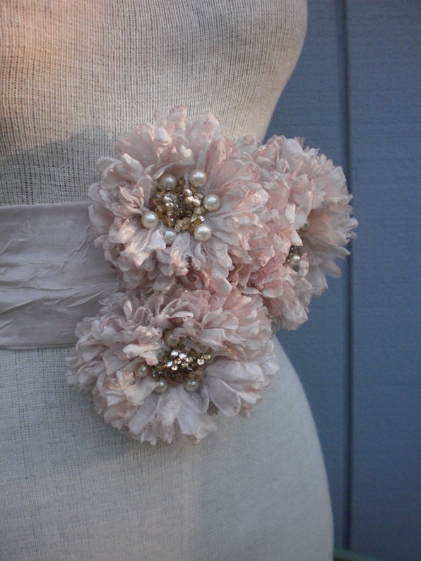 Bridal Sash With three Unique Design Flowers blush pink