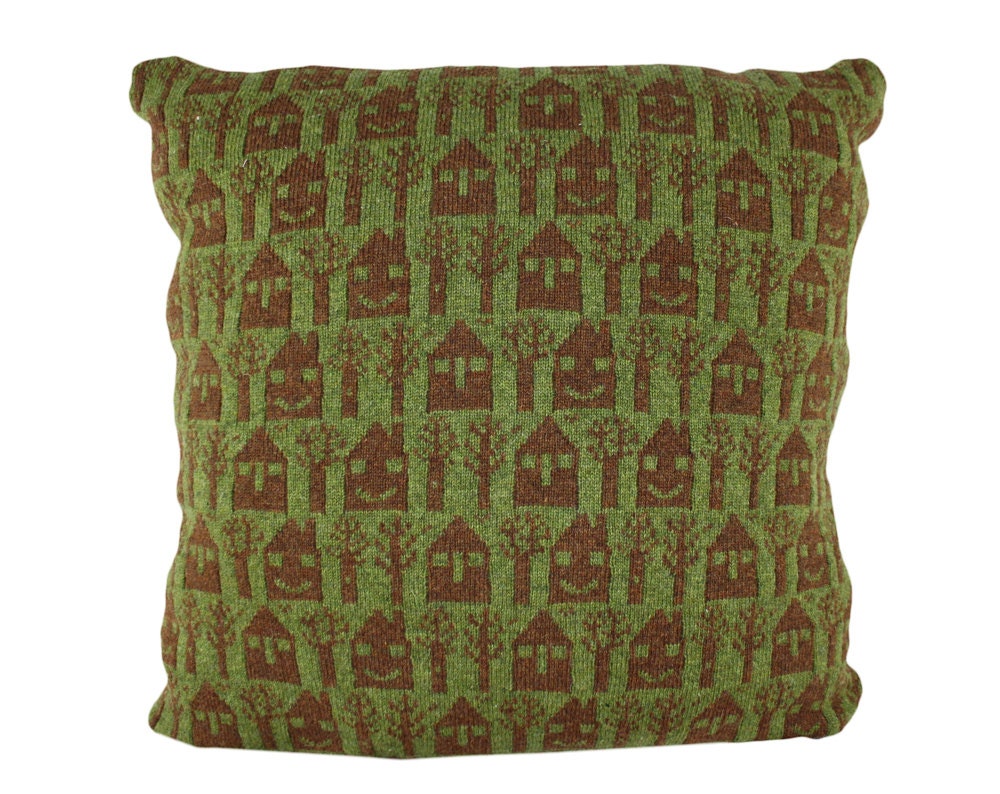 Pillow  - Homy home II, large soft knitted pillow - green, brown 24x24, includes insert