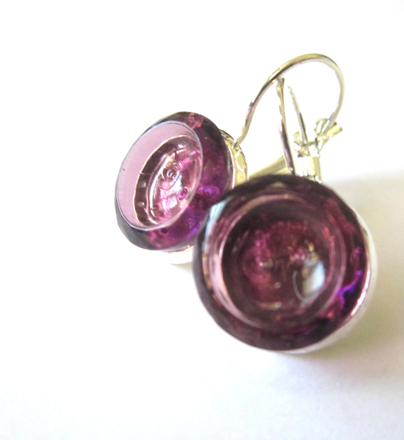 Vintage purple glass 2-hole button earrings, silver leverbacks