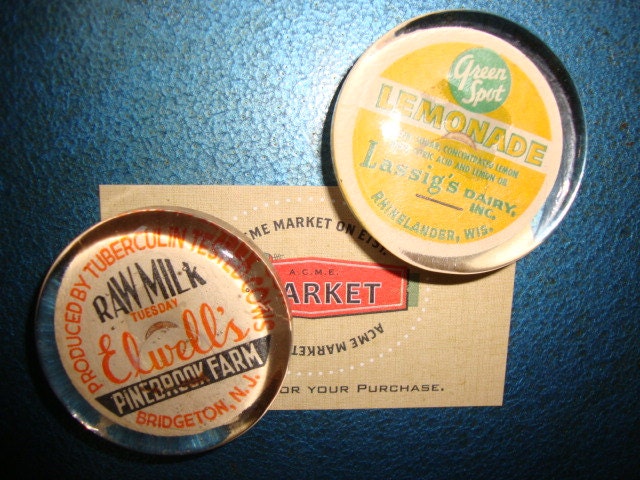 Set of 2 VINTAGE Glass MILKCAP MAGNETS -- Each measures a huge 2" authentic original milk caps under glass