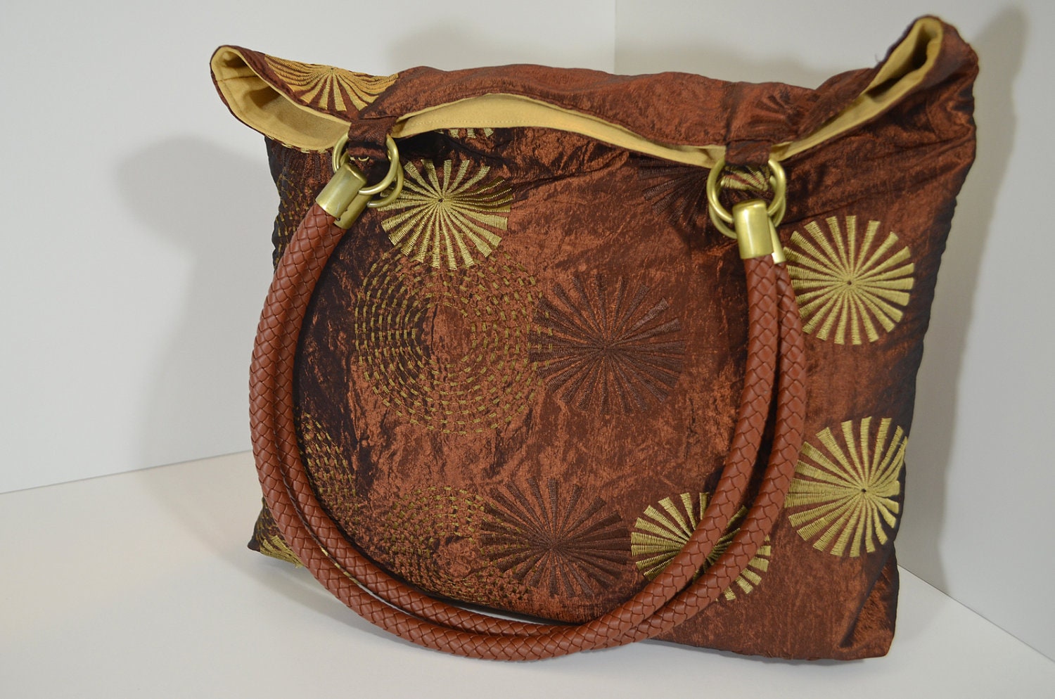 Tote Bag, Shoulder Tote Bag, Shoulder Handbag, Slouch Bag, with Brown and Gold Embroidery, Leather Woven Straps