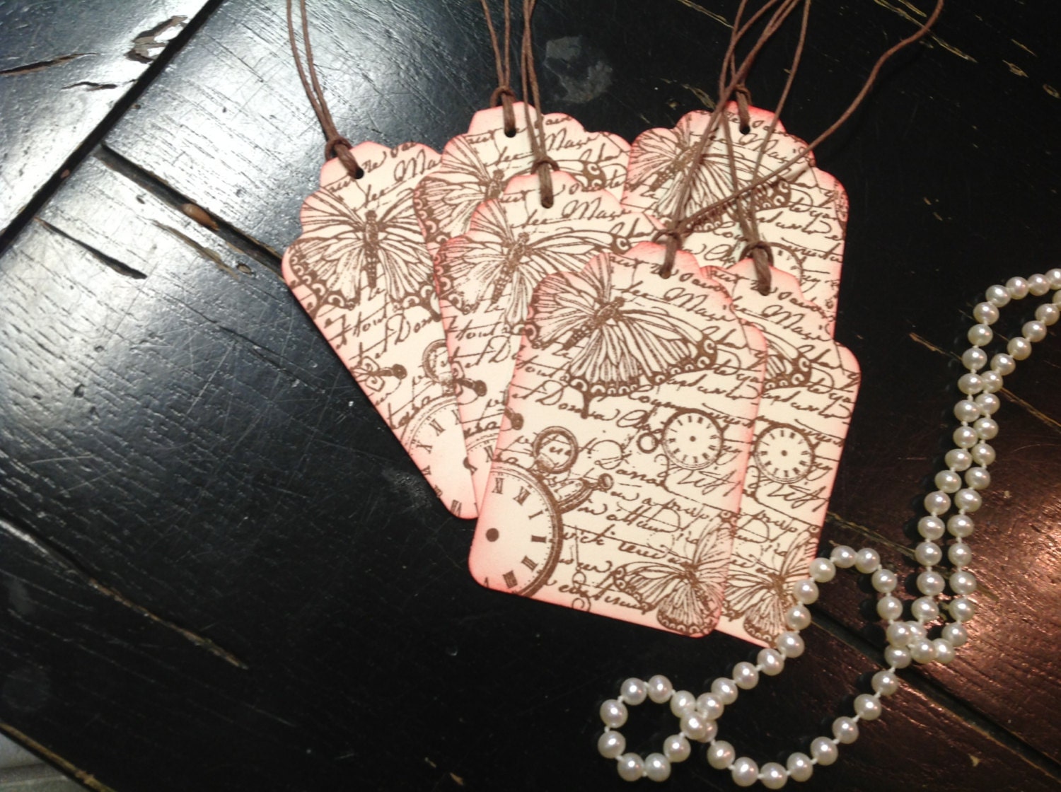 Butterfly gift tags- butterfly wish tree tags-Clocks-timepiece- shabby chic paper goods-set of 6