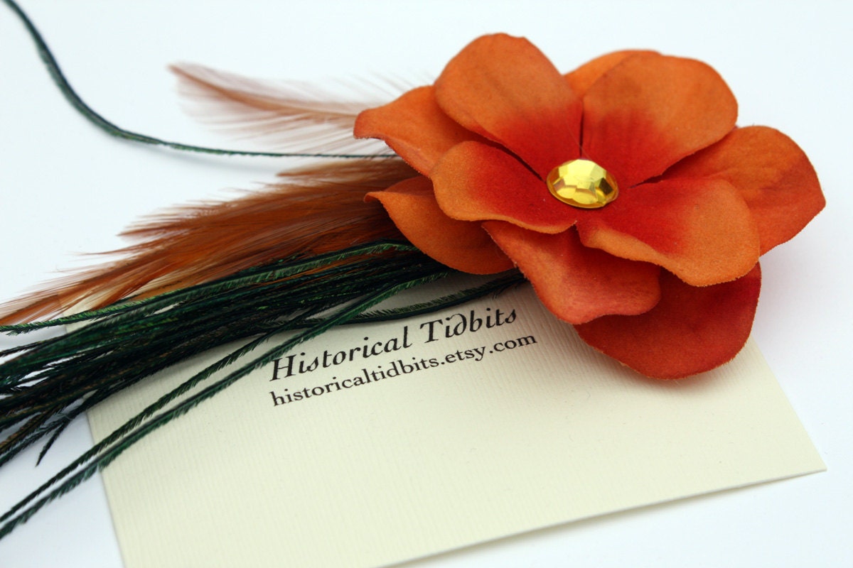 Victorian Inspired Steampunk Flower Hair Clip with Orange Flower and Green and Brown Feathers