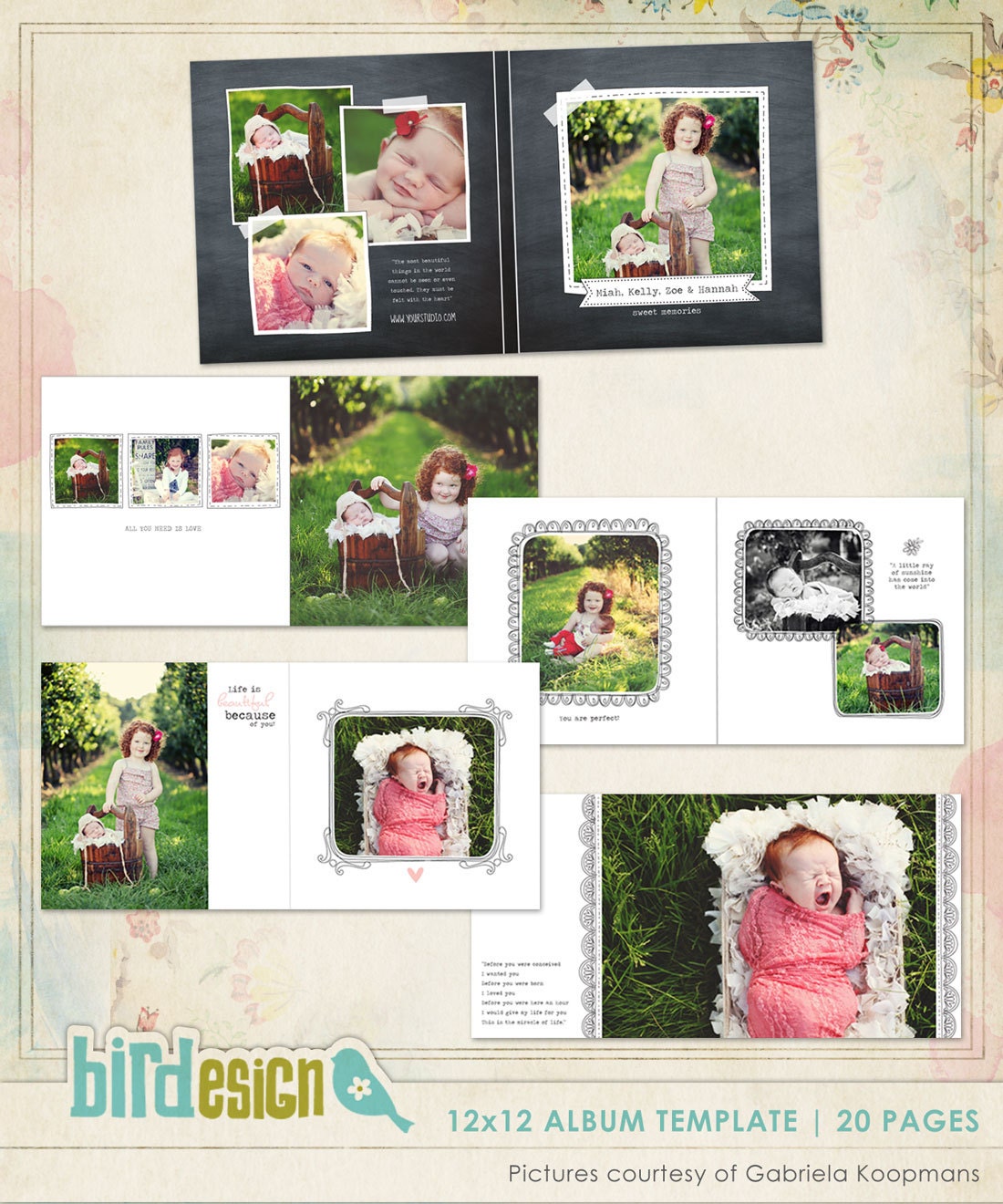 12x12 Album template for photographers - Blooming Album - E462
