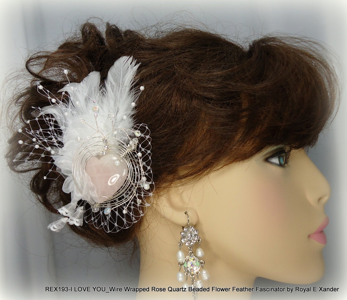 Wire Wrapped Rose Quartz Feather Flower Fascinator Wedding Bridal OOAK