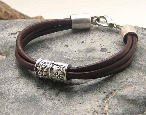 FREE SHIPPING Men's leather bracelet Brown leather  multi strap bangle bracelet with silver plated tribal spacer and clasp