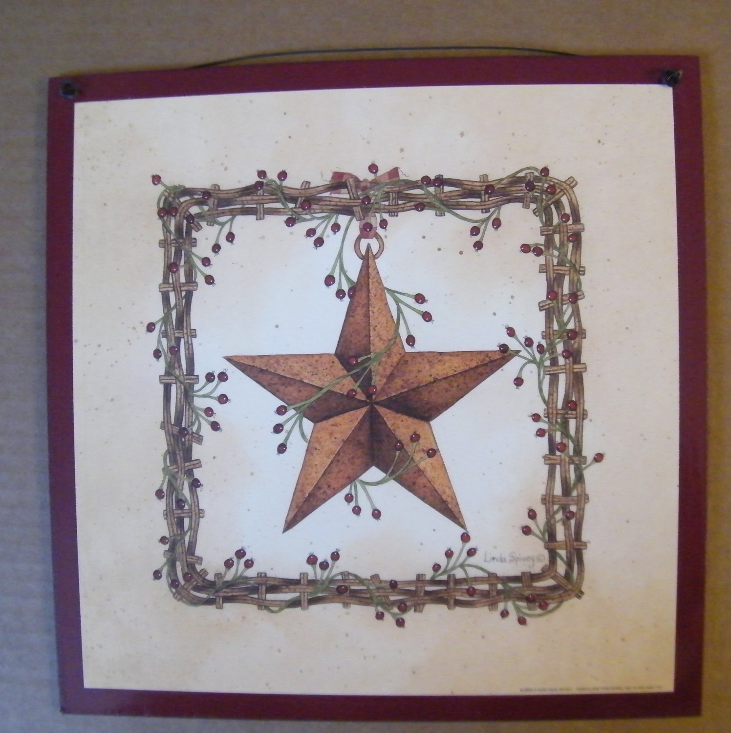 Rustic Primitive Square Berry Wreath Metal Barn Star Sign Spivey print Wood Wall Decor