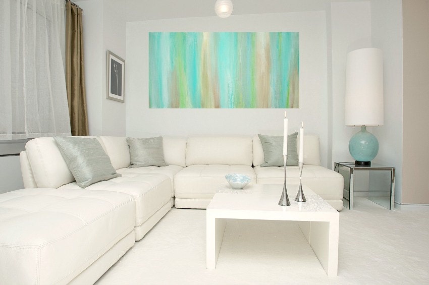 RESERVED for a Client. Aqua Original Abstract Acrylic Painting Fine art on Gallery Canvas Titled: JUST A WHISPER 24x48x1.5" by Ora Birenbaum