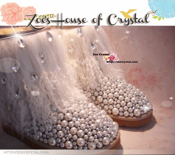 WINTER Sheepskin Cuff Wool Boots with shinning CRYSTALS and elegant PEARLS