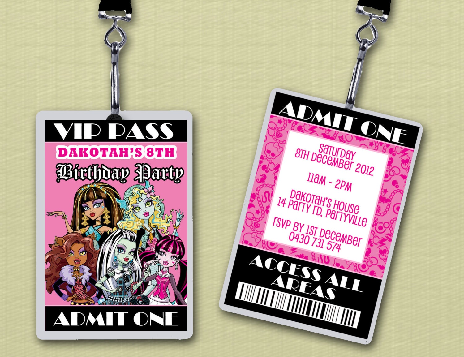 Personalised Monster High VIP Lanyard Invitations x 10