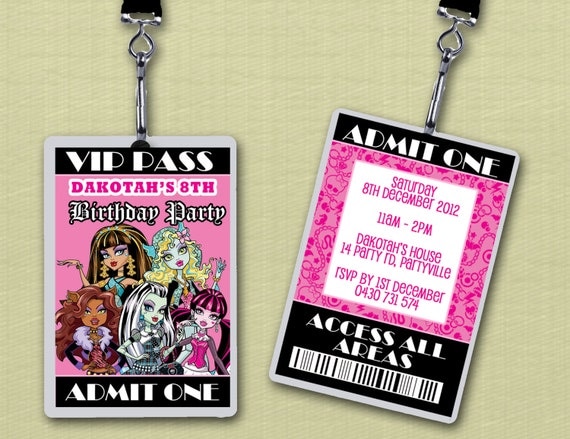 Personalised Monster High VIP Lanyard Invitations x 10