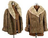 1950s Vintage Curly Lamb Fur Coat w Blonde Mink Trim / Tan M L XL