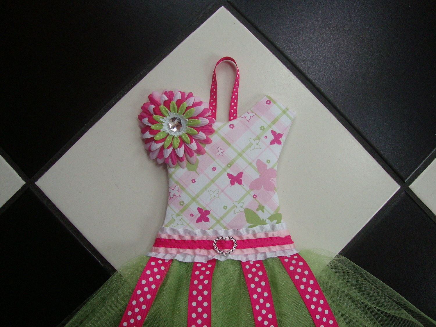 Boutique Tutu Hair Bow Holder Butterfly Butterflies Lime Hot Pink White Polka Dot Cute