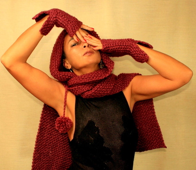 Maroon Knit Hooded Scarf Knit Hood Cowl Scarf Hood Infinity Scarf Elf Scoodie Pixie Hat Knit Hoodie Scarf Hood Scarf Winter Accessories