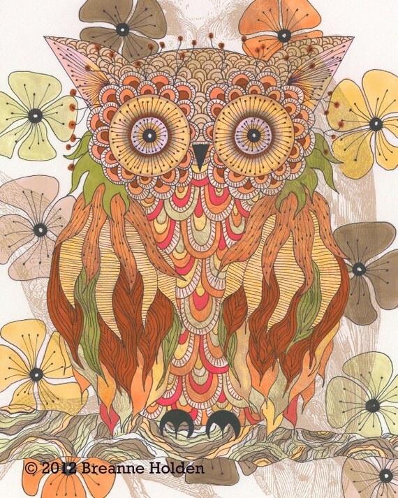 Whimsical Owl Painting Illustration Archival Print 11 x 14  "Flynn"