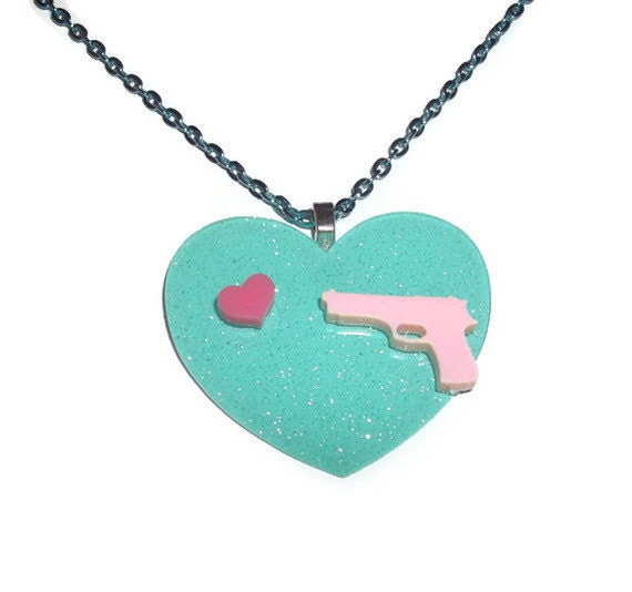 Pink Gun and Heart Necklace, Pastel Kawaii Mint Green Heart and Chain Cute Necklace