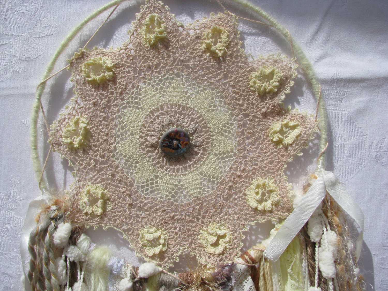 Dreamcatcher - Wall Hanging - Sand Dune - vintage doily web with yarn hanging down, beads and crystal drop