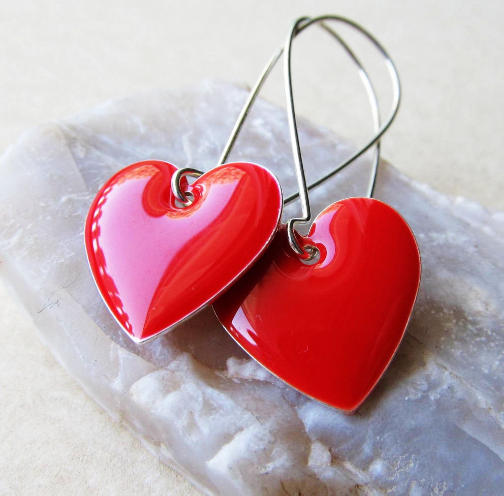 Dangle Drop Earrings - Bright Red Epoxy Enamel Hearts - Sterling Silver Plated over Brass