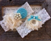 Wedding Garter- Vintage Wedding Bridal Garter and Toss Garter- Ivory and Tiffany Blue Wedding Garter-Toss Garter
