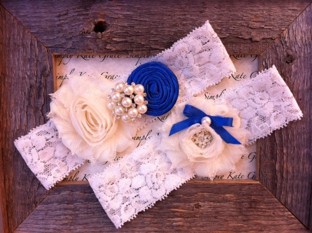 Royal Blue Wedding Garter- Vintage Wedding Bridal Garter and Toss Garter- Ivory and Royal Blue Wedding Garter-Toss Garter