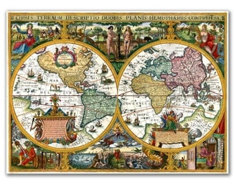 12x16'' Canvas Print of World Map from 1618, Orbis Terrarum Descriptio Duobis Planis, Nursery Room Decor