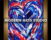 MODERN ART CANVAS Wall Art Love Painting, Original Colorful Abstract Heart Canvas Art, Red White Blue Wedding Gift Engagement Present