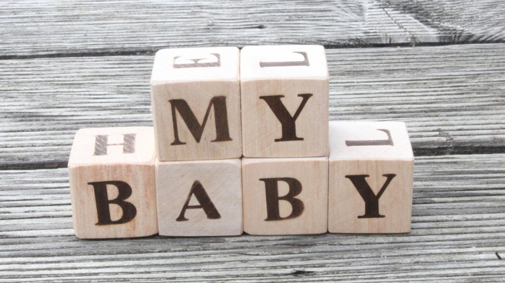 MY BABY - set of 20 wooden blocks with letters, perfect organic gift, linen bag for free