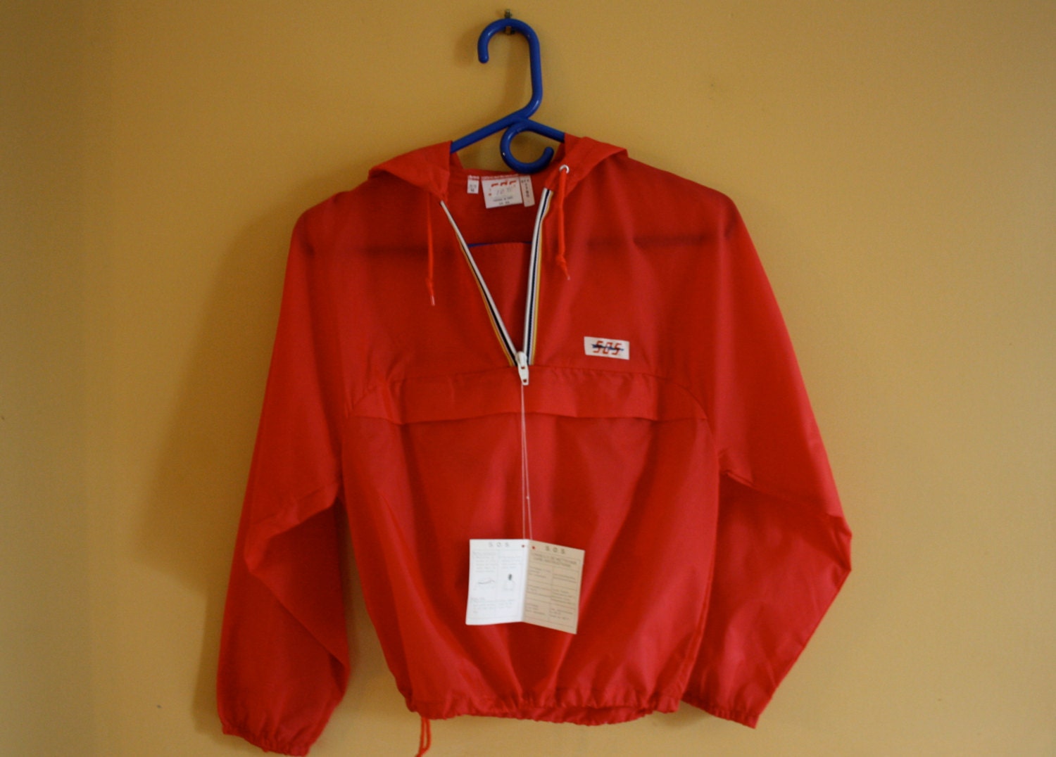 Vintage SOS Windbreaker / NOS red nylon zip up jacket / Children size 10 to 12 / Fanny Pack Coat
