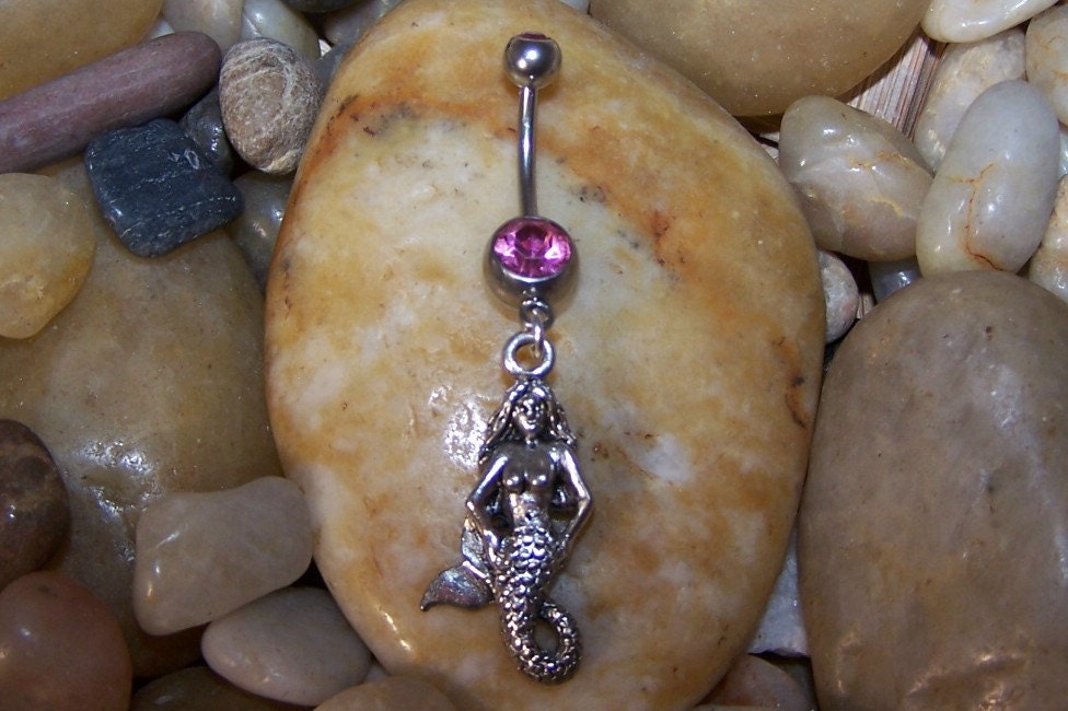 Mermaid Charm, Double Pink Gem, Belly Button Piercing, Antiqued Sterling Silver Plated Pewter