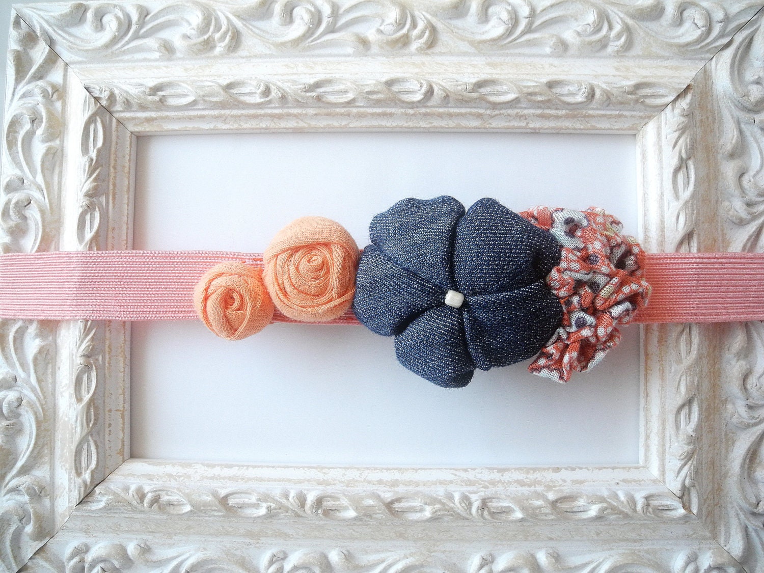 Denim elastic headband Shabby chic hairband fabric flower peach jeans matching girl newborn baby child - handmade - ready to ship