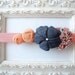 Denim elastic headband Shabby chic hairband fabric flower peach jeans matching girl newborn baby child - handmade - ready to ship