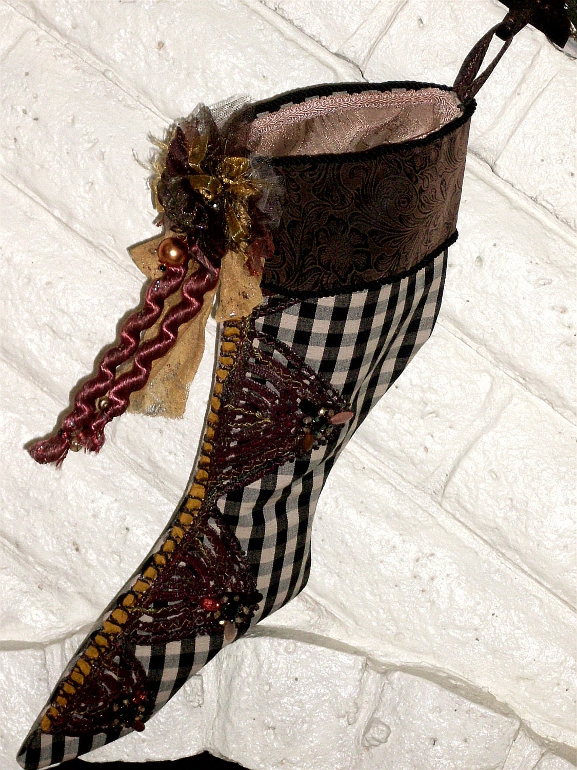 Vintage Gothic Steampunk Christmas Stocking Outrageously Cool Beaded Buttons Black Rose Corsage
