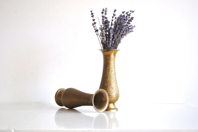 Pair of Brass Vases - Etched Peacock Design
