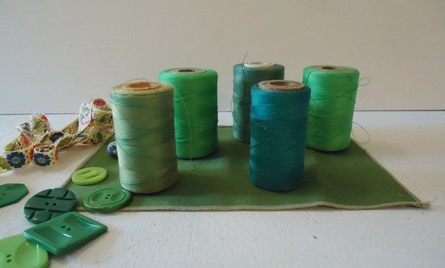Vintage Green Sewing Notions Kit, Thread, Zippers, Buttons