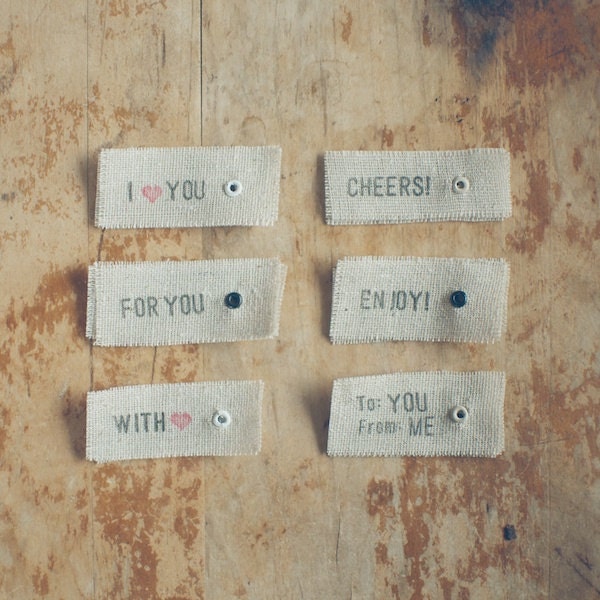 12 Small Linen Eyelet Hand-Stamped Gift Tags for Holidays and Presents
