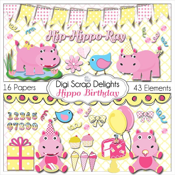 Hippo Birthday Clip Art Pink Yellow Hippopotamus Party Digital Scrapbook Kit  Invites,  Cards, Party Favors, Instand Download