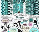 Dance Digital Scrapbook Kit w Ballet, Jazz, Tap Dance Clip Art & Rhinestone Alpha for Birthday Cards, Invitation, Instant Download