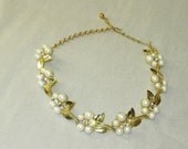 Great Condition Vintage Gold Tone Choker Necklace Aurora Borealis Rhinestones Pearls Flowers Leaves Adjustable
