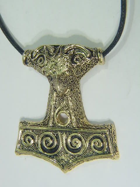 Thor's Hammer Necklace Gold Pewter Pendant Viking Norse by butw