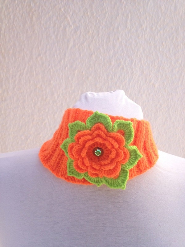 Orange Hand Knitted Headband Ear Warmer with Crochet Flower