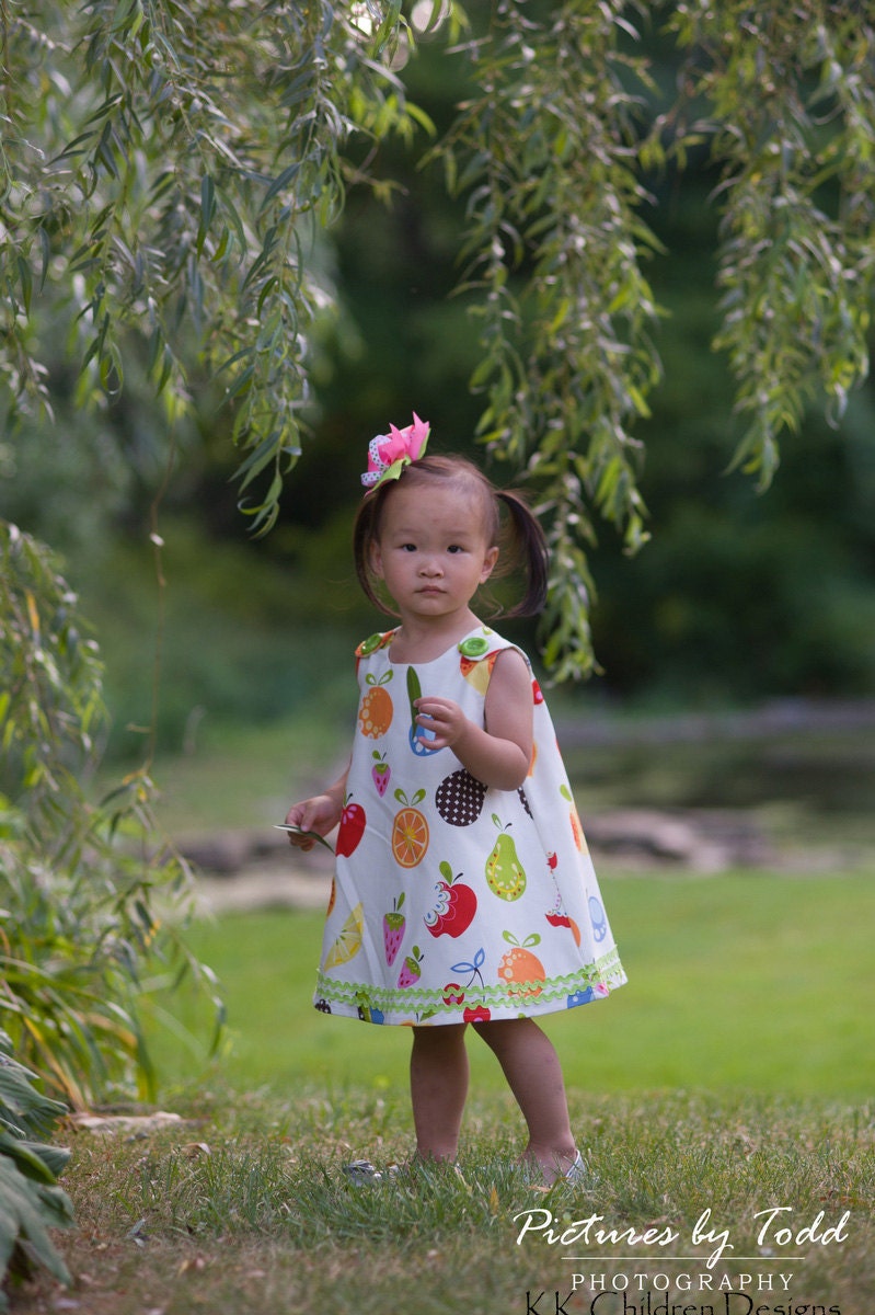 Tutti Fruity - Fall Winter Girls Aline Dress - Medium Weight Cotton - Children Autumn Clothing - Fruits - KK Children Designs - 3M to 4T