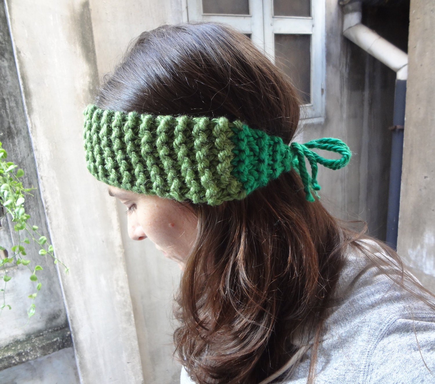 Chunky Knit Headband - olive & kelly green - womens or teen winter fashion duotone 2 tone colorblock bold pantone emerald