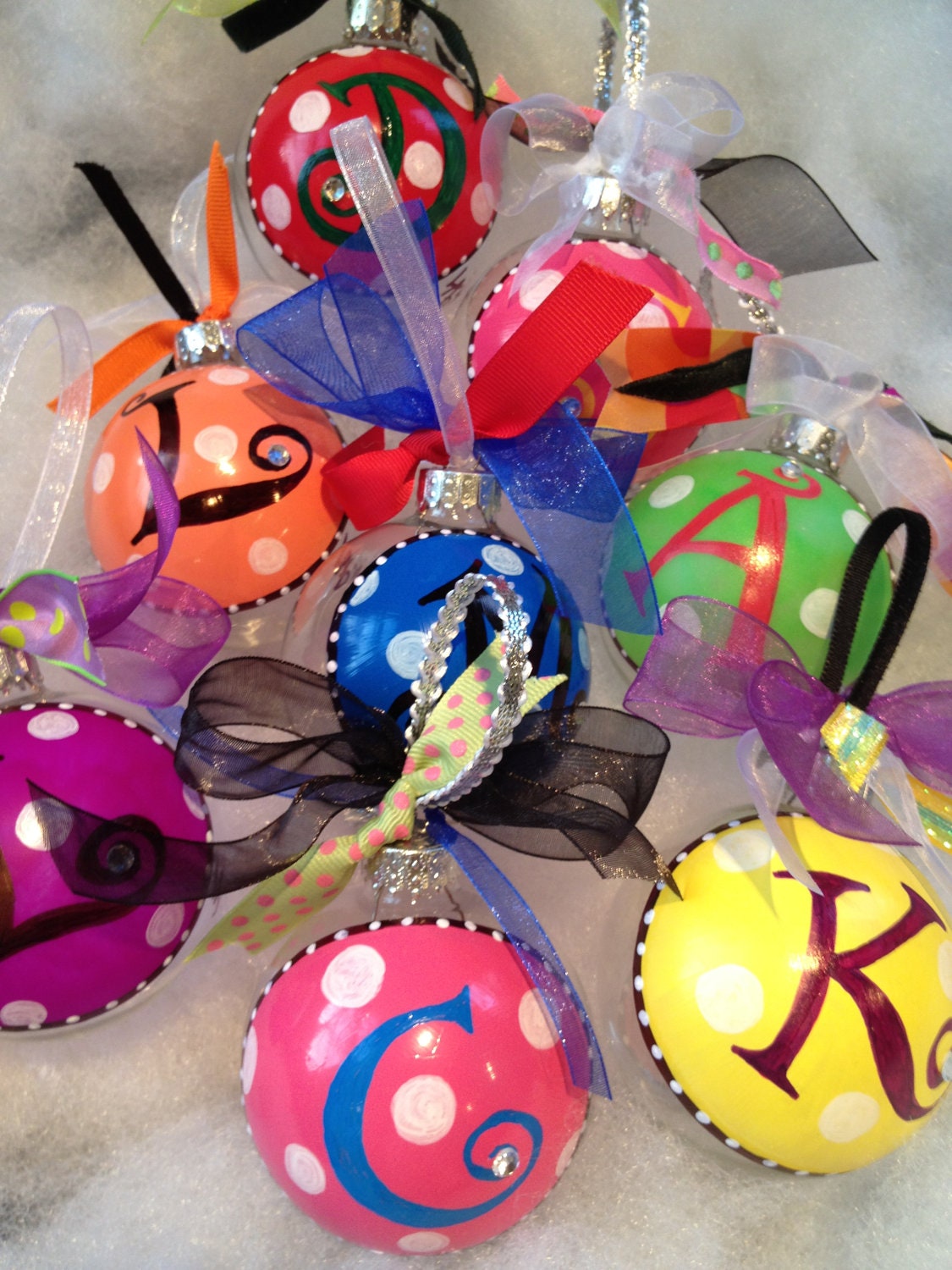 Holiday custom glass ornaments personalized with letters in many colors and ribbons, great for wedding/hostess gifts