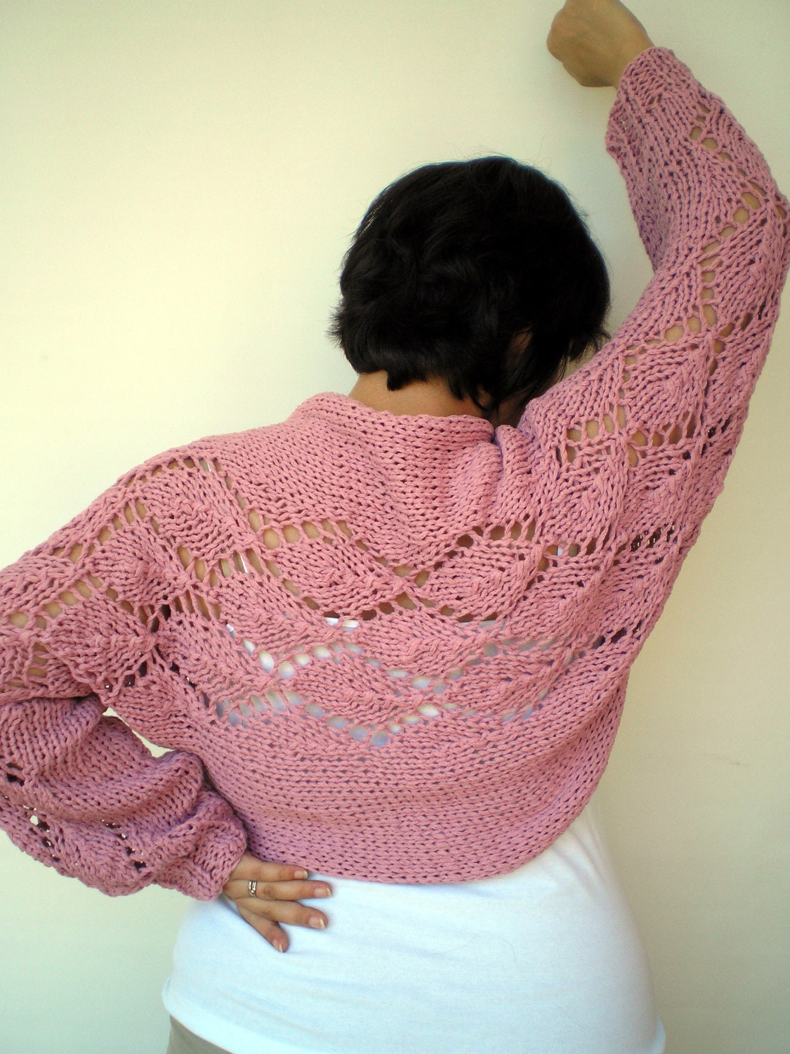 Rose Smoke Lace  Shrug Hand Knit  Long Sleaves  Bolero  Woman Trendy Chunky Cotton Shrug