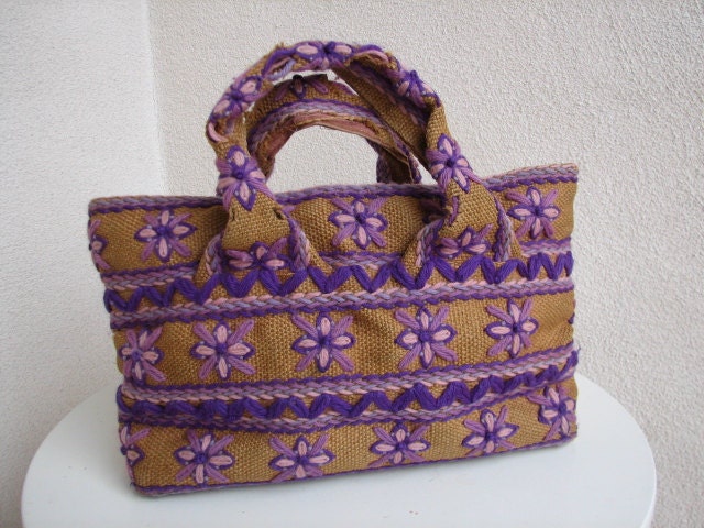 Cute vintage BOHO   purple flower and burlap bag or purse with zipper pouch