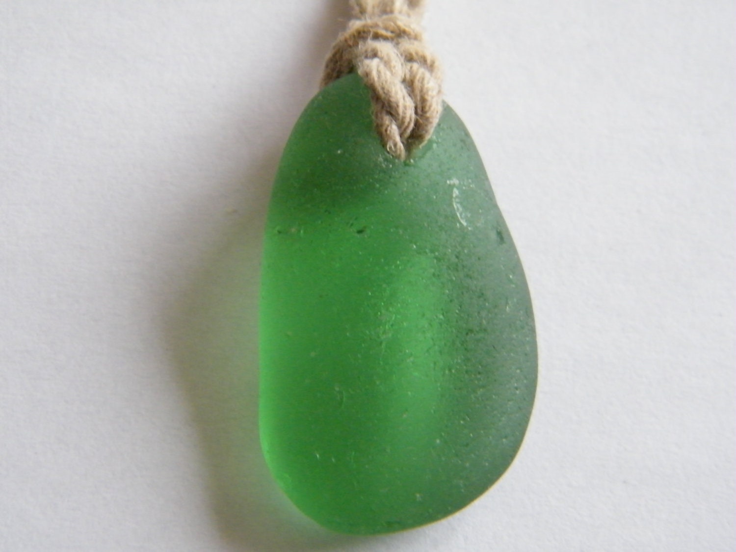 Natural Bright Green Sea Glass Pendant on Natural Linen Ropelet. Beach Glass. Seaside Jewelry.
