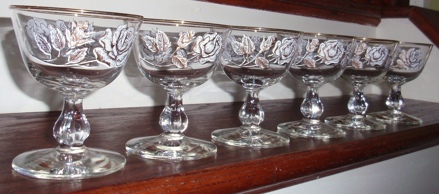 SIX LIBBEY ROCK Sharpe Rose Bouquet Gold Trim Pattern 3003 Crystal Tall Sherbets Champagne Glasses Goblets Stems White Roses Excellent